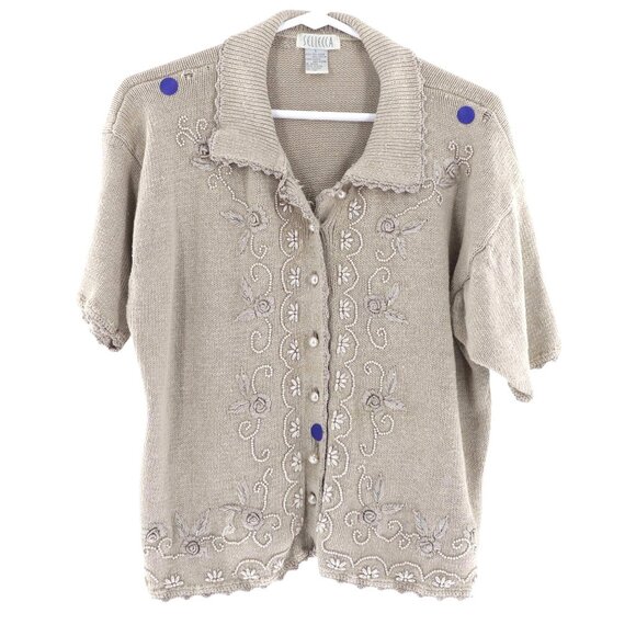 Vintage Sellecca Embellished Knit Cardigan Women L Cream Grannycore Cottage Twee - Picture 5 of 11